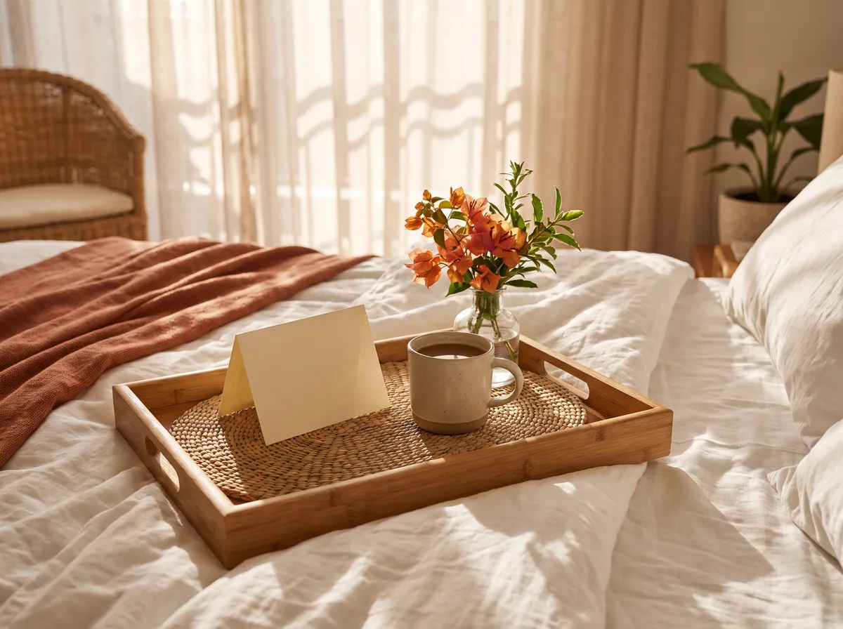 A styled breakfast tray with fresh flowers, coffee, and a welcome note on crisp bed linens, illustrating the brand's attention to detail