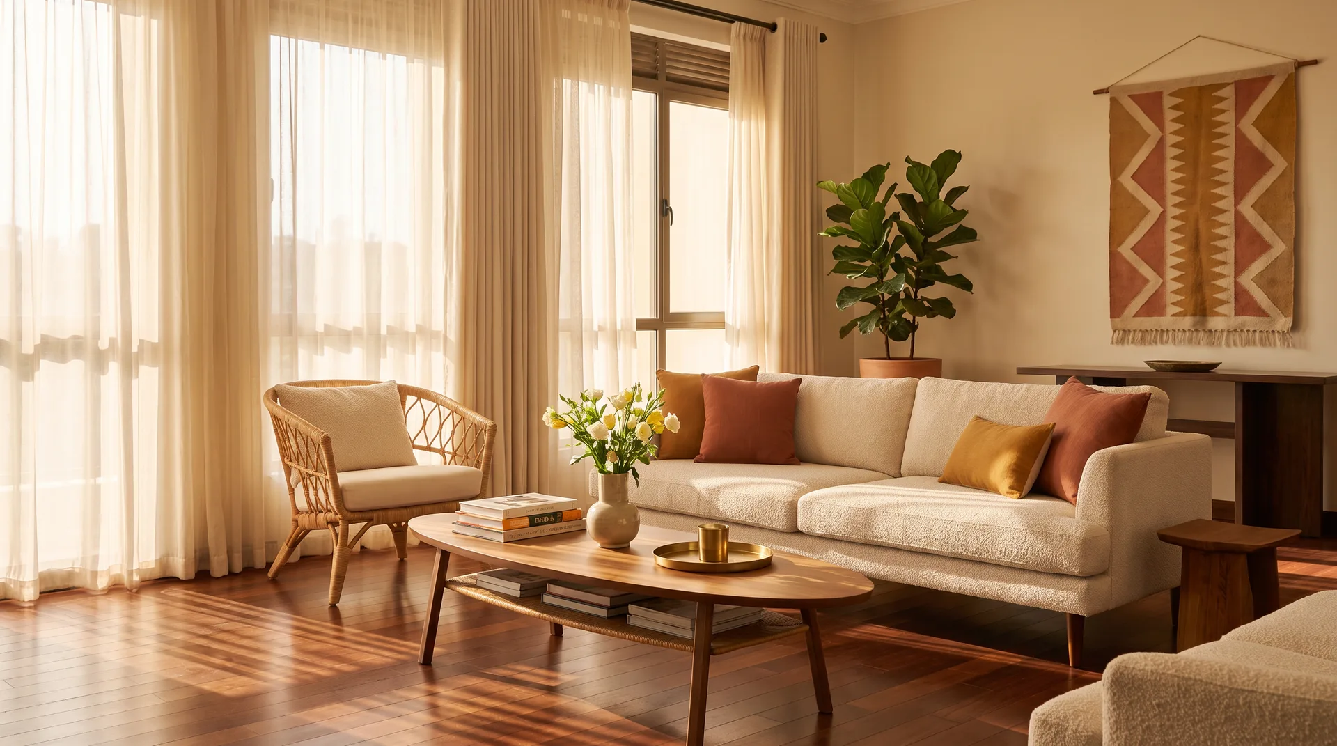 Warm, elegant living room interior in a Kampala boutique apartment with cream sofa, terracotta accents and natural light