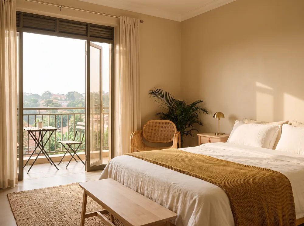 Kiira Garden Suite — bright bedroom with private balcony, gold throw and cane armchair