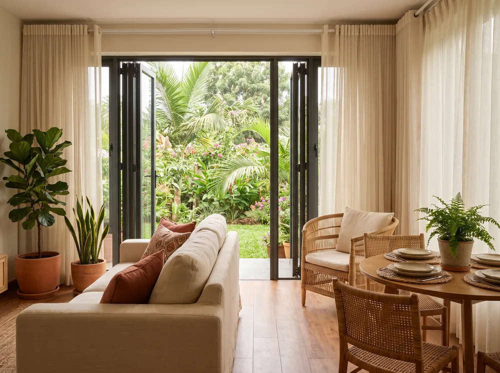 The Rubaga Retreat — garden-facing living area with cream sofa, dining table and view into a lush garden